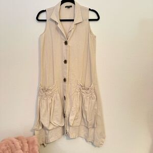 For Cynthia Light Linen Beige Button-Down Sleeveless Tunic Dress Small